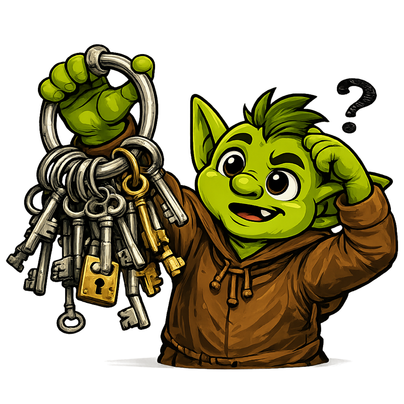 A puzzled goblin holding a ring of keys beneath a question mark