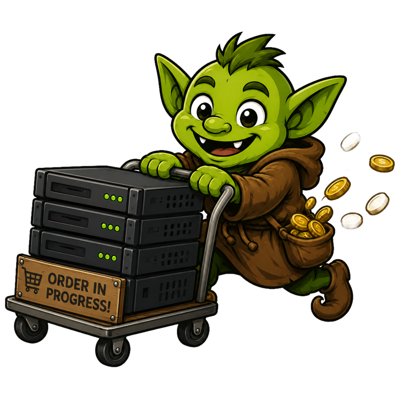 A grinning goblin wheeling a cart stacked with servers, gold coins spilling from his pockets