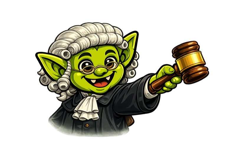 A goblin attorney in tiny spectacles and a powdered wig, gavel in hand