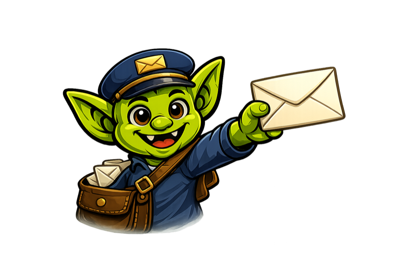 A mail-carrier goblin holding out an envelope